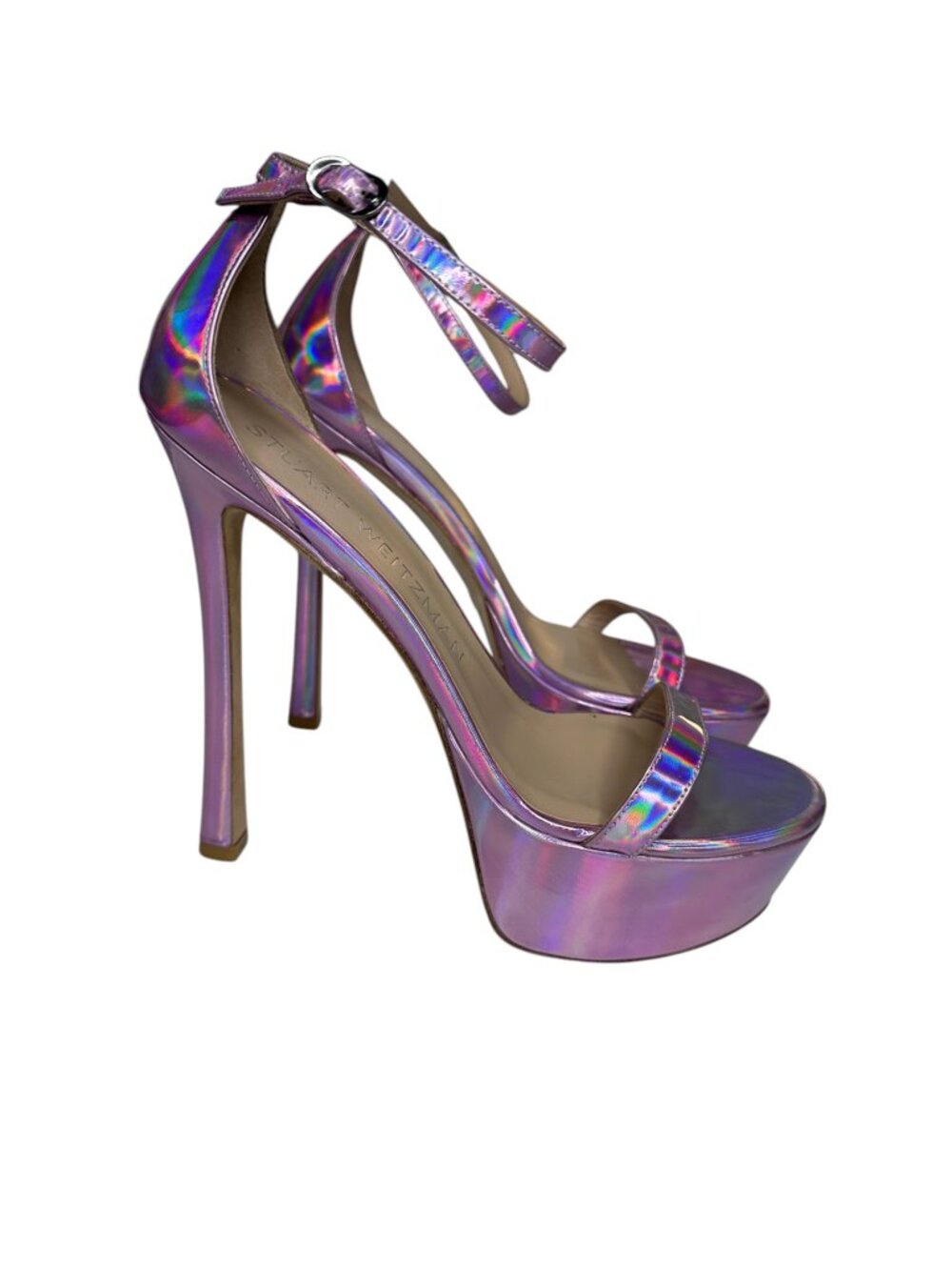 Stuart Weitzman Nudist Curve Platform Heels in Iridescent Pink. 10 - Picture 2 of 8